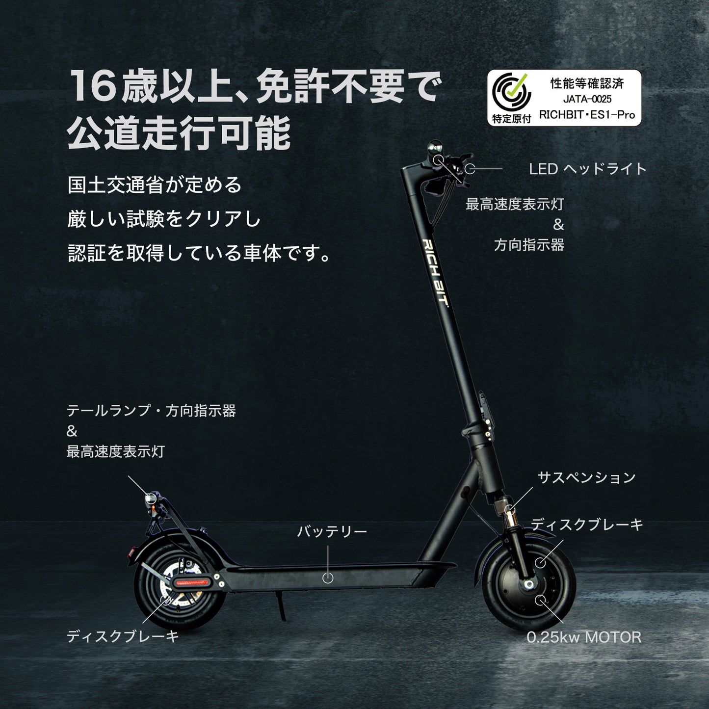 RICHBIT ES1 Pro★特定小型原動機付自転車モデル【グリーン】電動キックボード 公道/歩道走行可能 20km/h以下